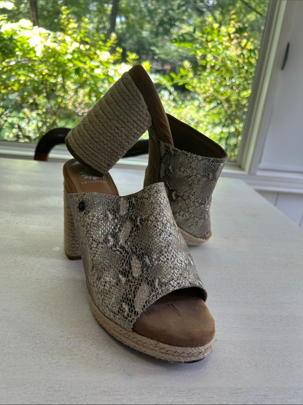 Yellow Box Women's Snake-Print Espadrille Block Heel Sandals - Taupe, Sz 11
